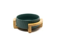 limaya keramická miska pre psy a mačky tmavo zelená štruktúrovaná s dreveným polkruhovým podstavcom 13 cm