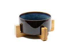 limaya keramická miska pre psy a mačky čierno modrá melírovaná lesklá s dreveným podstavcom 13 cm.
