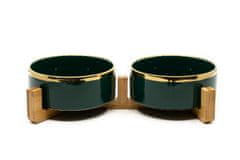limaya keramická dvojmiska pre psy a mačky tmavo zelená lesklá so zlatým okrajom a dreveným podstavcom 13 cm
