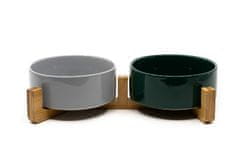limaya keramická dvojmiska pre psov a mačky tmavo zelená a šedá lesklá s dreveným podstavcom 13 cm