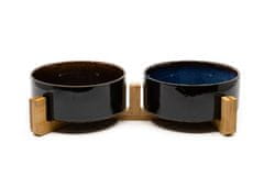limaya keramická dvojmiska pre psy a mačky čierno modrá melírovaná s dreveným podstavcom 13 cm