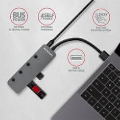 HUE-MSA, 4x USB 3.2 Gen 1 SWITCH húb, kovový, micro USB napr. konektor, kábel USB-A 20cm