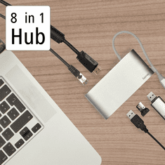 HAMA USB-C húb, Multiport, 8 pripojení, 3x USB-A, 2x USB-C, VGA, HDMI, LAN