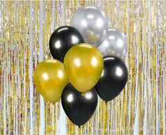 Sada latexových balónikov - chrómovaná zlatá, strieborná, čierna - 7 ks - 30 cm - Silvester