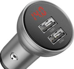 Noname Baseus duální USB adaptér do automobilu s displejem 4,8A 24W, stříbrná