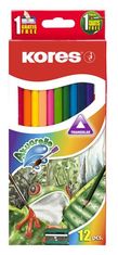 KORES Akvarelové pastelky trojhranné 3 mm 12 farieb s strúhadlom a štetcom