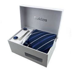 Daklos Luxusná sada modrá strieborná - kravata, vreckový štvorec na sako, manžetové gombíky, spona na kravatu v darčekovej krabičke