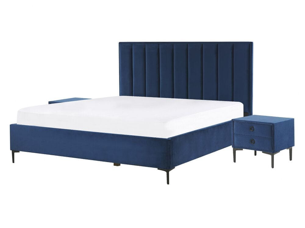 Beliani Zamatová posteľ s nočnými stolíkmi 140 x 200 cm modrá SEZANNE
