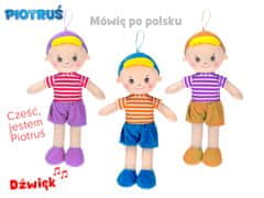 Panáčik Piotruś 'handrová 32 cm na batérie poľsky hovoriace (modrá, fialová, oranžová)