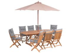 Beliani Záhradný stôl a 8 stoličiek so sivými vankúšmi a dáždnikom MAUI