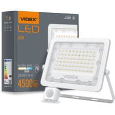 VIDEX Reflektor LED svetlomet 50W 4500lm 5000K IP65 biely s pohybovým a súmrakovým senzorom
