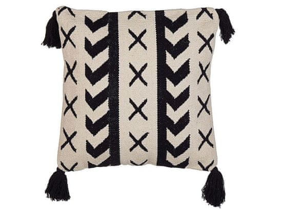 Beliani Bavlnený vankúš s geometrickým vzorom so strapcami 45 x 45 cm béžový / čierny DEADNETTLE