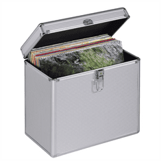 HAMA kufrík na 50 gramofónových dosiek (vinyl/LP), hliníkový vzhľad, strieborný