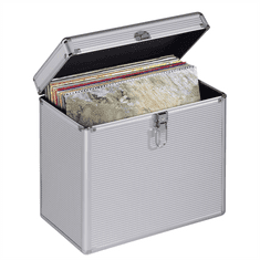 HAMA kufrík na 50 gramofónových dosiek (vinyl/LP), hliníkový vzhľad, strieborný