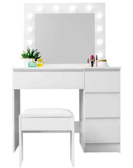 Aga Toaletný stolík so zrkadlom a osvetlením + taburet Lesklý biely