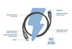 SEFIS rýchlonabíjací dátový kábel s displejom a konektormi USB-C a Lightning 20W 1,5m čierny 