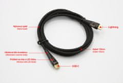 SEFIS nabíjací dátový kábel s LED konektormi USB-C a Lightning 20W 1,5m čierny 