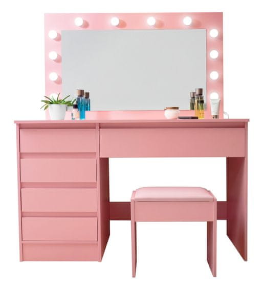 Aga Toaletný stolík so zrkadlom a osvetlením + taburet Ružový