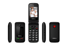 Mobiola MB610 Senior Flip, mobilný véčkový telefón pre seniorov, SOS tlačidlo, 2 obrazovky, nabíjací stojan, čierny