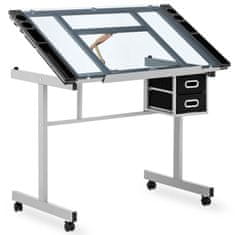 shumee Stolný mobilný sklenený rysovací stôl so zásuvkami na kreslenie skicovanie 104x60 cm
