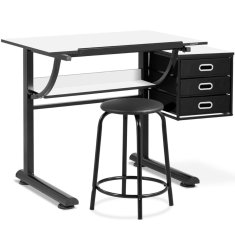 shumee Písací stôl sklopný rysovací stôl so zásuvkami a taburetom 90 x 60 cm čiernobiely
