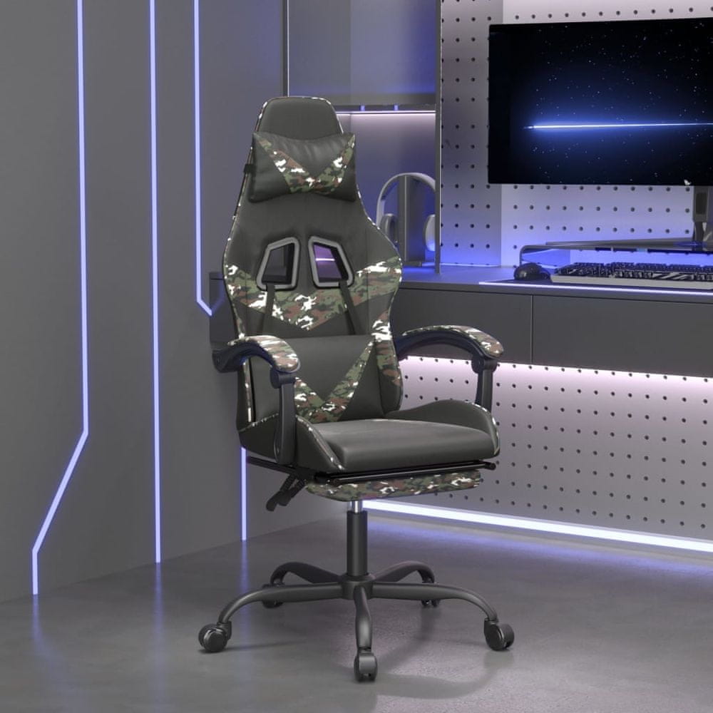 Vidaxl Otočná herná stolička s podnožkou čierna a maskáčová umelá koža