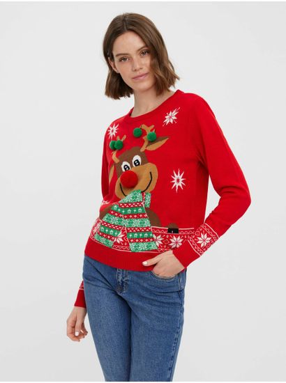 Vero Moda Červený dámsky sveter s vianočným motívom VERO MODA New Frosty Deer
