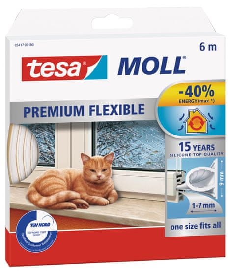 Tesa Tesamoll Premium Flexible silikónová páska, izolácia proti prievanu na okná a dvere, mimoriadne trvácna, úsporná, 6m - biela