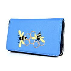 VegaLM Dámska kožená peňaženka s výšivkou včelieho úľa, modrá farba