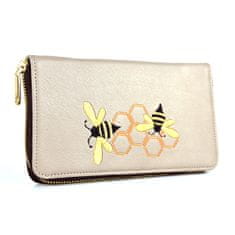 VegaLM Dámska kožená peňaženka s výšivkou včelieho úľa, béžová farba