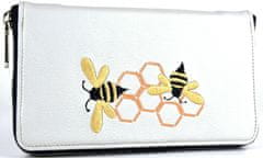 VegaLM Dámska kožená peňaženka s výšivkou včelieho úľa, svetlo šedá farba
