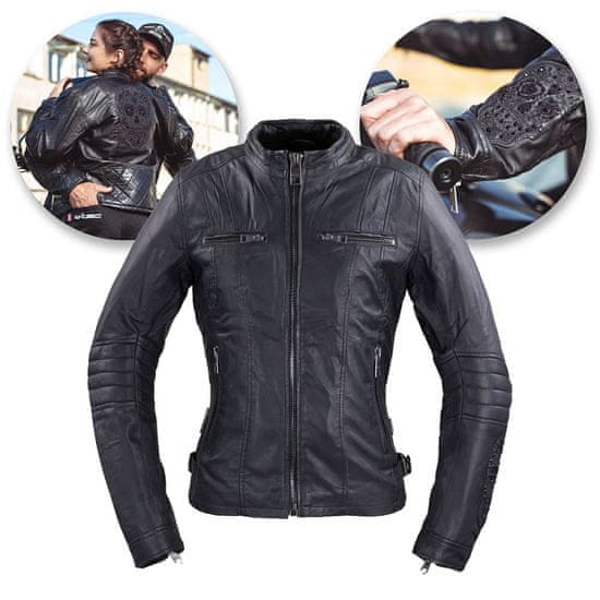 W-TEC Dámska kožená bunda Strass Farba čierna s kamienkami, Veľkosť XL