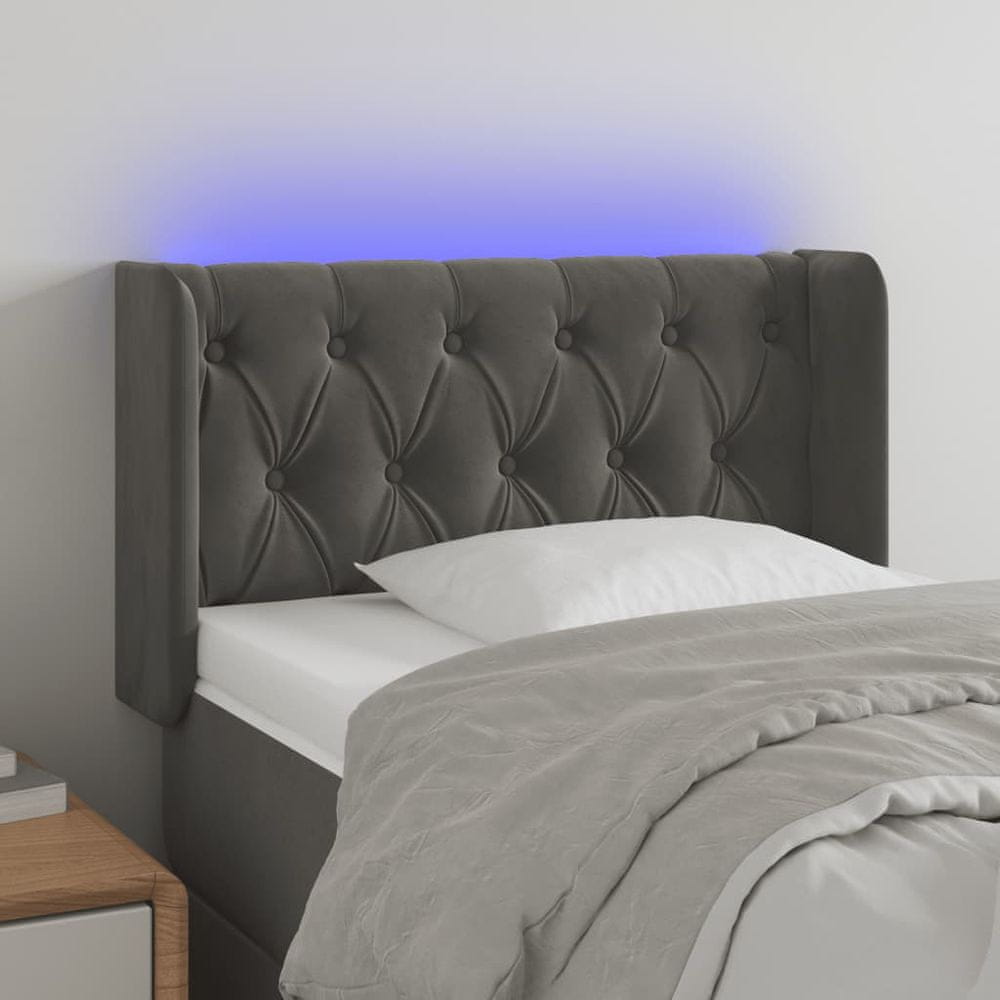 Vidaxl Čelo postele s LED tmavosivé 83x16x78/88 cm zamat