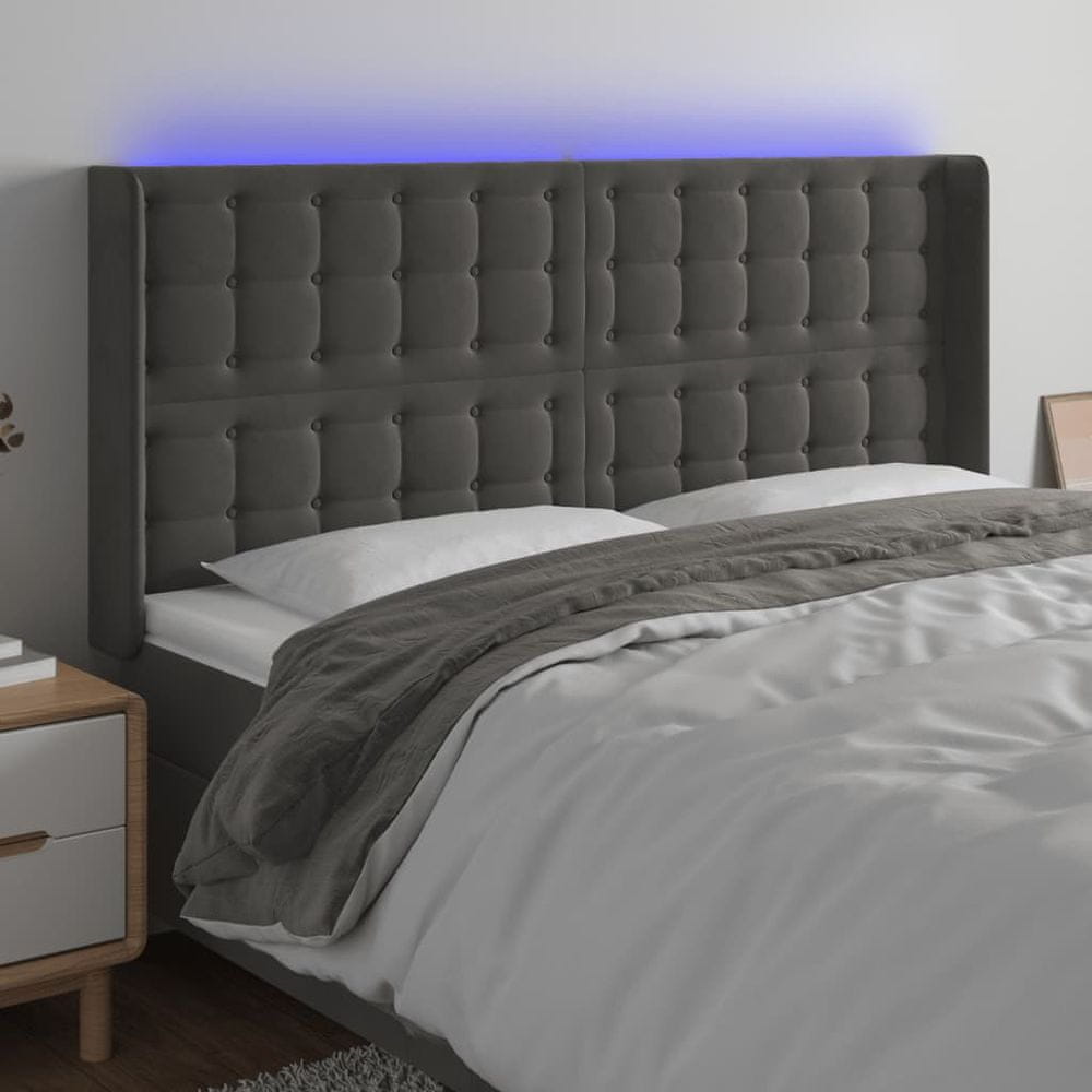 Vidaxl Čelo postele s LED tmavosivé 163x16x118/128 cm zamat