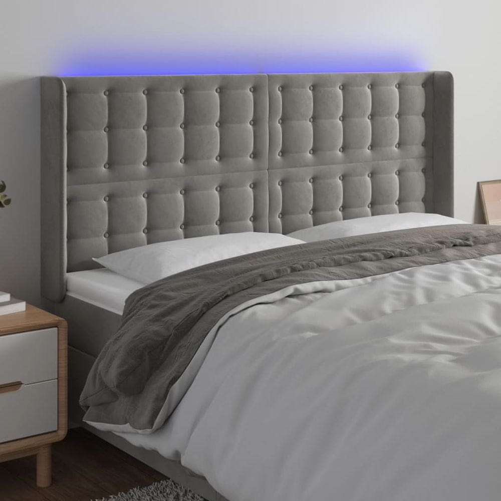 Vidaxl Čelo postele s LED bledosivé 163x16x118/128 cm zamat