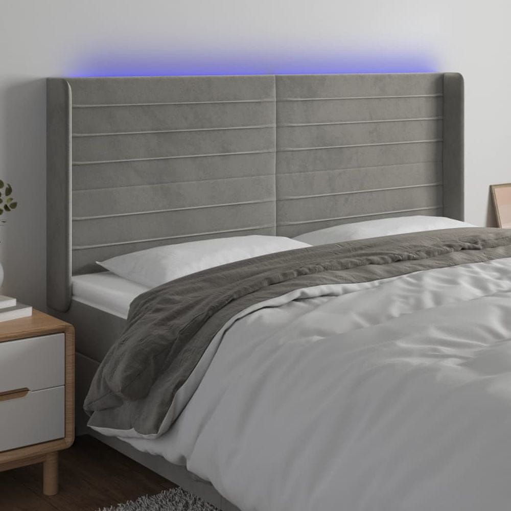 Vidaxl Čelo postele s LED bledosivé 203x16x118/128 cm zamat