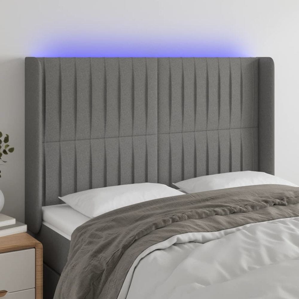 Vidaxl Čelo postele s LED tmavosivé 147x16x118/128 cm látka