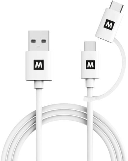MAX MUC1101W kábel 2v1 USB/micro USB a USB Type-C, 1m, biela