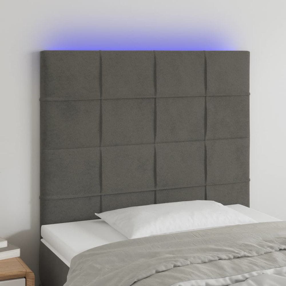 Vidaxl Čelo postele s LED tmavosivé 100x5x118/128 cm zamat