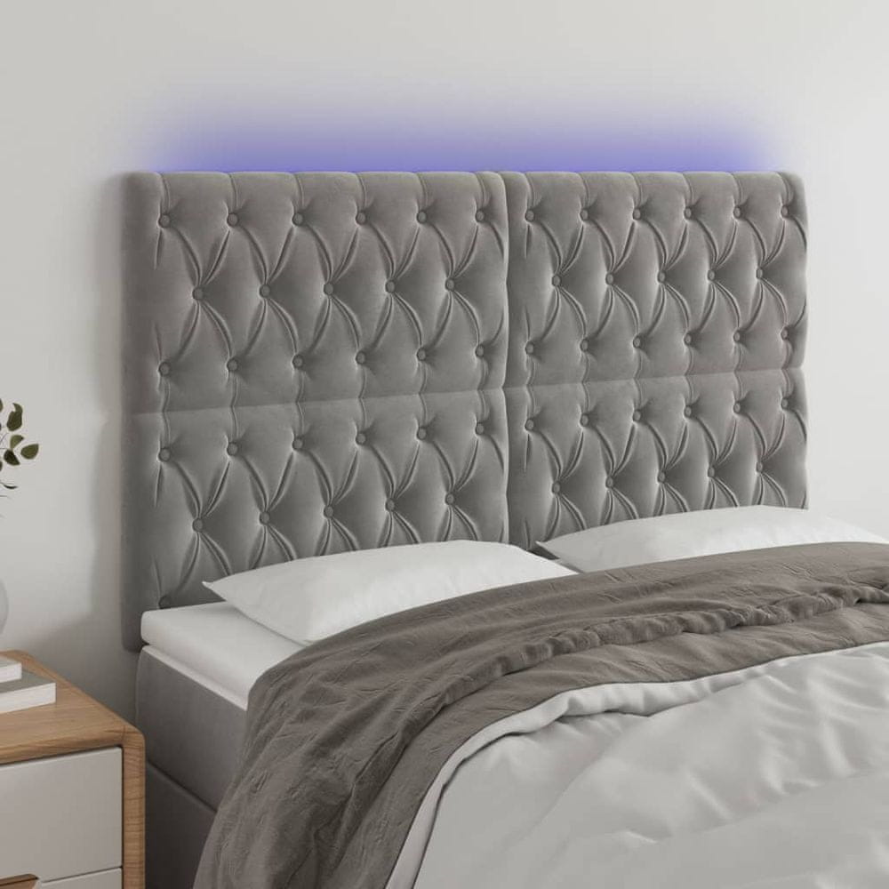 Vidaxl Čelo postele s LED bledosivé 160x7x118/128 cm zamat