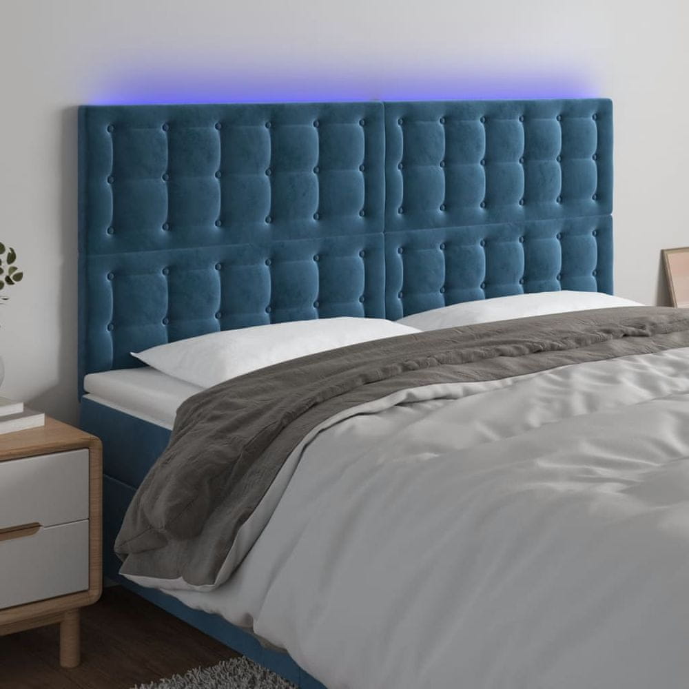 Vidaxl Čelo postele s LED tmavomodré 200x5x118/128 cm zamat