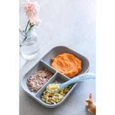 Béaba BEABA Súprava na detskú stravu, s prísavkou, protišmyková, silikónový tanier s priehradkami + lyžička, zdravá a odolná, sivá