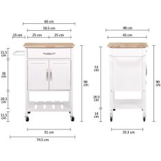 Kuchyňský vozík z kaučukového dreva s 2 dverami a 1 zásuvkou, lakovaný biely, dl. 60 x gl. 48 x H 90 cm, PEDRO