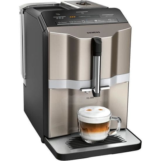 Siemens SIEMENS TI353204RW Auto EQ.300 kávovar, 1300W, 15 barov, 5 nápojov, 250g nádoba na zrnkovú kávu, technológia iAroma, sivá