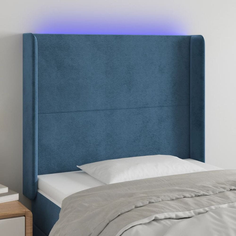 shumee Čelo postele s LED tmavomodré 83x16x118/128 cm zamat