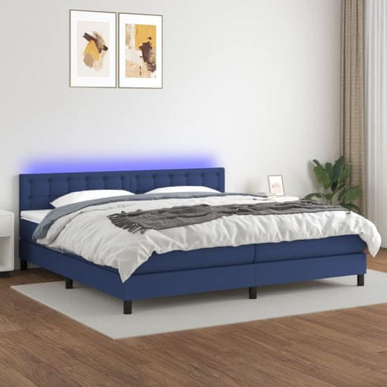 shumee Posteľ boxsping s matracom a LED modrá 200x200 cm látka