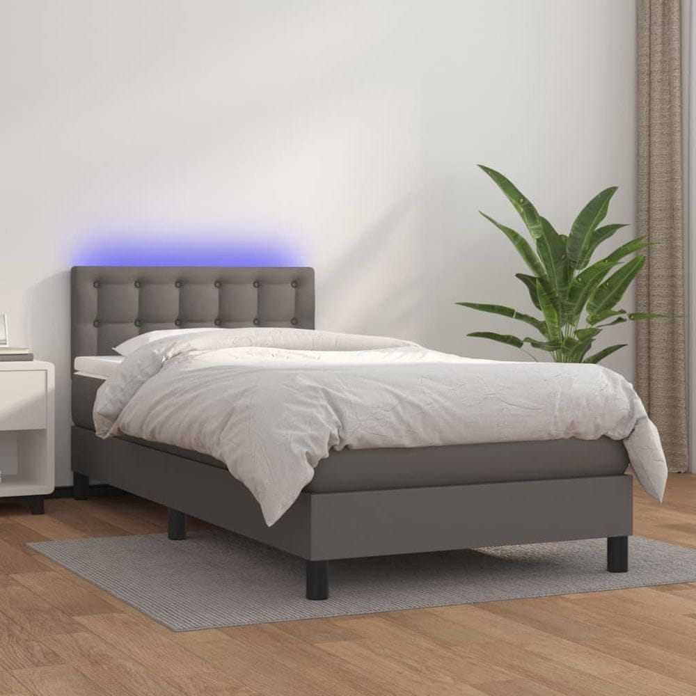 Vidaxl Boxspring posteľ s matracom a LED sivá 90x190 cm umelá koža