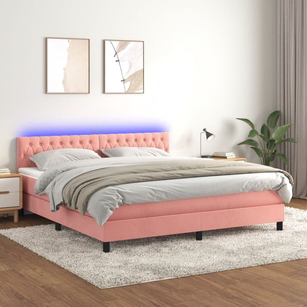 shumee Posteľný rám boxsping s matracom a LED ružový 160x200 cm zamat