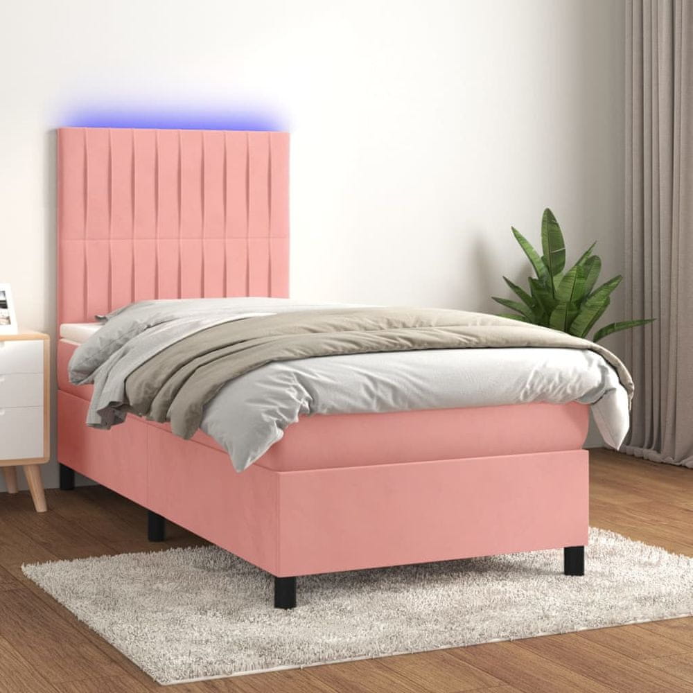 Vidaxl Posteľný rám boxsping s matracom a LED ružový 90x200 cm zamat