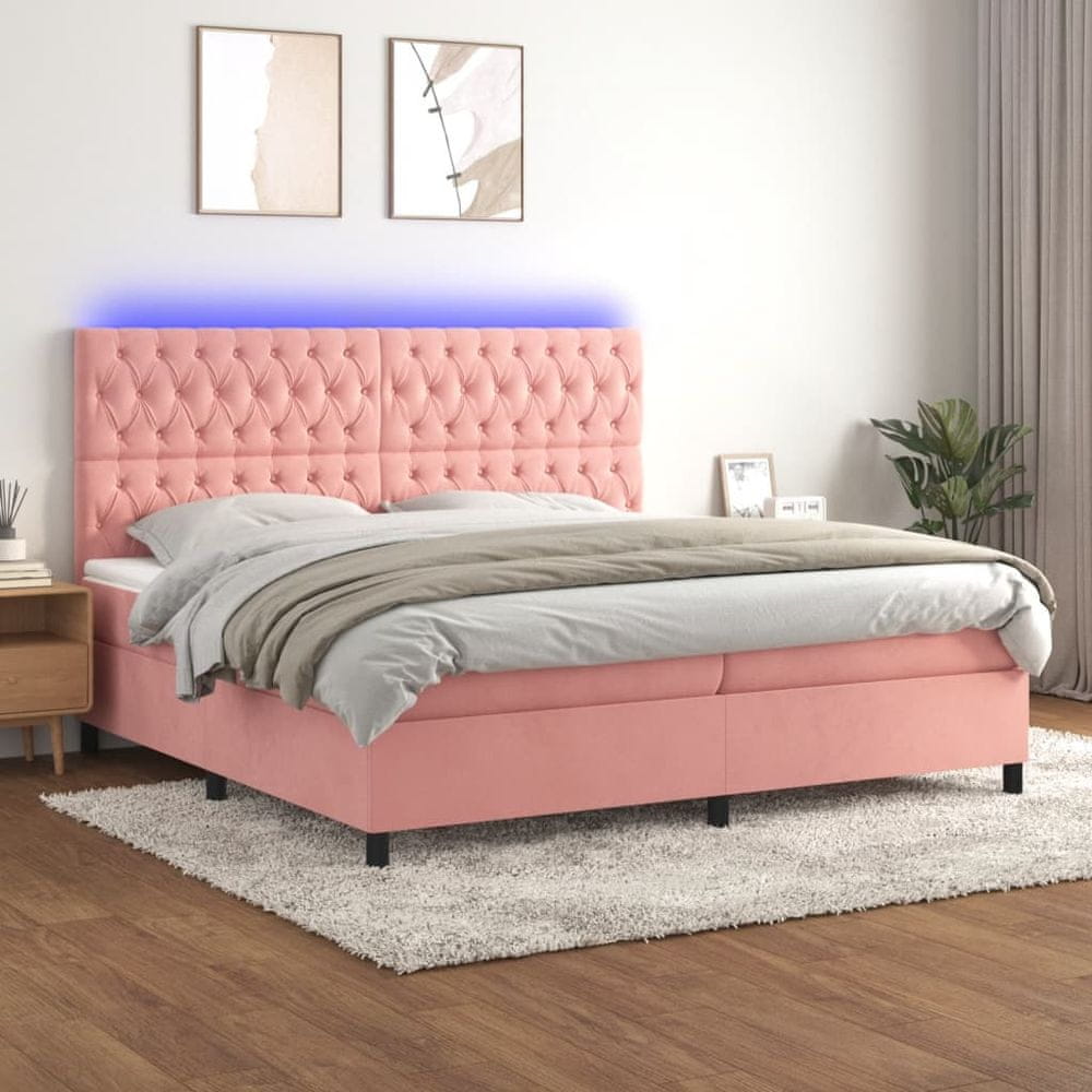 shumee Posteľný rám boxsping s matracom a LED ružový 200x200 cm zamat